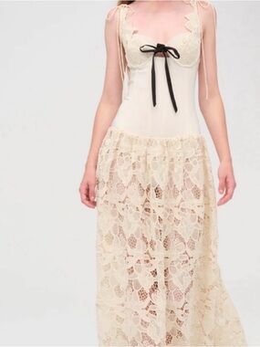 For Love & Lemons NWT Lace Overlay Maxi Dress with Bow Accent - Cream, XL
